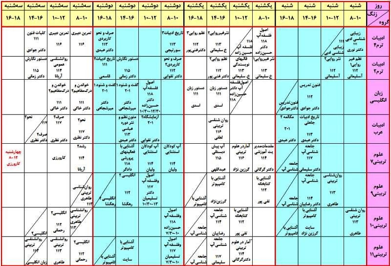 برنامه هفتگی دروس تخصصی نیمسال اول سال تحصیلی94-1393 دانشجویان کارشناسی پیوسته 
مرکز آموزش عالی حضرت فاطمه(س) قائمشهر – دانشگاه فرهنگیان